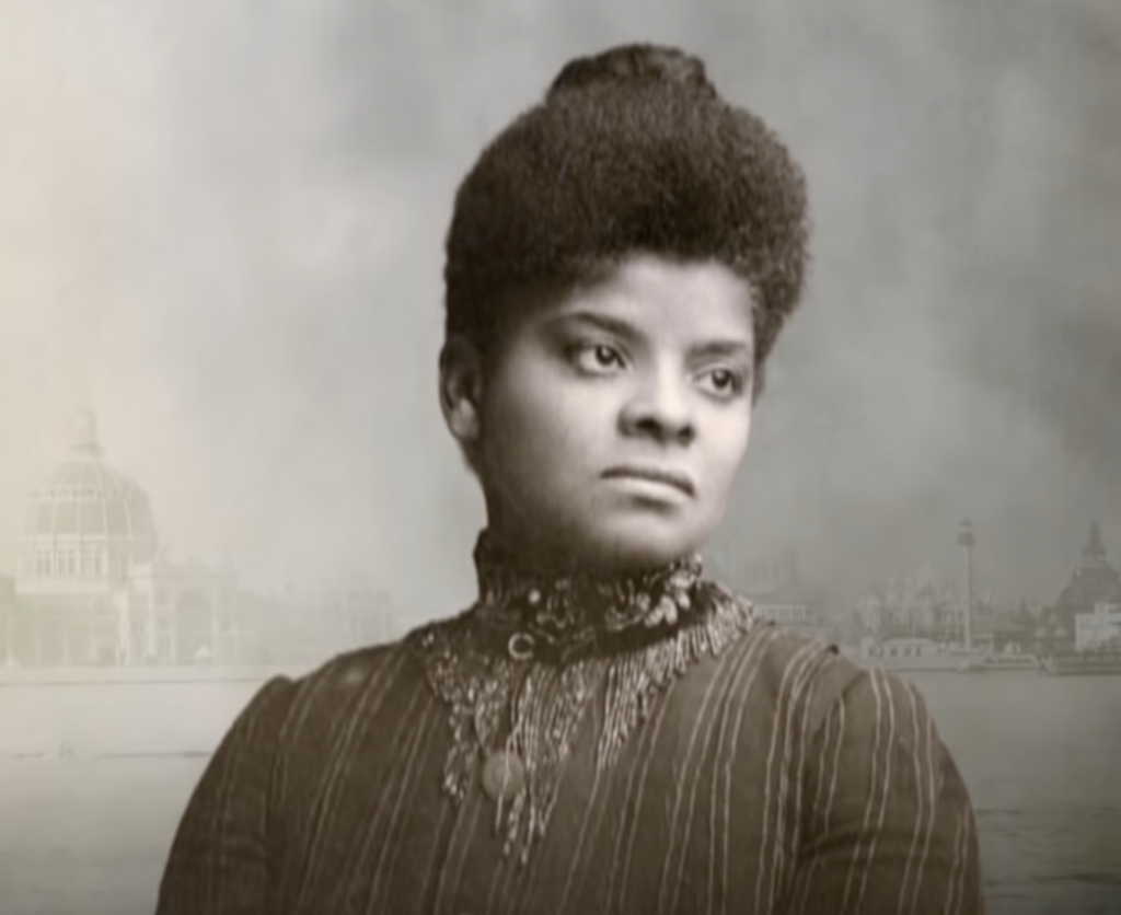 A historical portrait of a woman in a high-collared Victorian dress with intricate patterns. Her hair is styled in an updo. The background is faded and shows a distant, old cityscape with domed buildings.