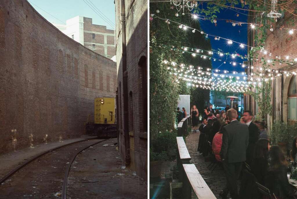 Left image: Yellow train engine on a curved, deserted brick alleyway. Right image: Outdoor evening gathering with people seated around tables under string lights, surrounded by ivy-covered walls.