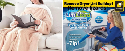 Left: A person wearing a cozy beige blanket is reading on a couch. Right: Packaging for the "Lint Lizard" dryer lint vacuum attachment shows a woman using it; top text highlights "Remove Dryer Lint Buildup!" and mentions no actual lizard removal.