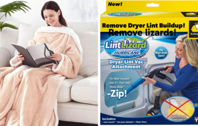 Left: A person wearing a cozy beige blanket is reading on a couch. Right: Packaging for the "Lint Lizard" dryer lint vacuum attachment shows a woman using it; top text highlights "Remove Dryer Lint Buildup!" and mentions no actual lizard removal.