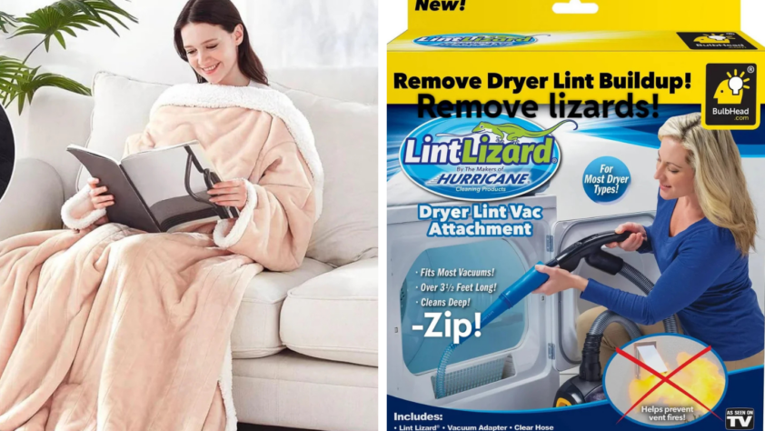 Left: A person wearing a cozy beige blanket is reading on a couch. Right: Packaging for the "Lint Lizard" dryer lint vacuum attachment shows a woman using it; top text highlights "Remove Dryer Lint Buildup!" and mentions no actual lizard removal.