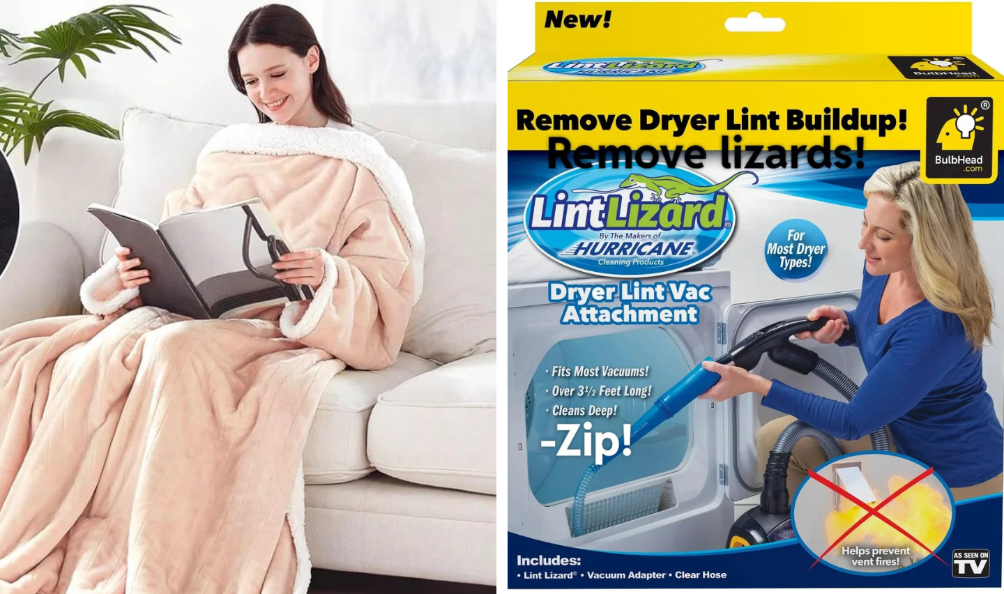 Left: A person wearing a cozy beige blanket is reading on a couch. Right: Packaging for the "Lint Lizard" dryer lint vacuum attachment shows a woman using it; top text highlights "Remove Dryer Lint Buildup!" and mentions no actual lizard removal.