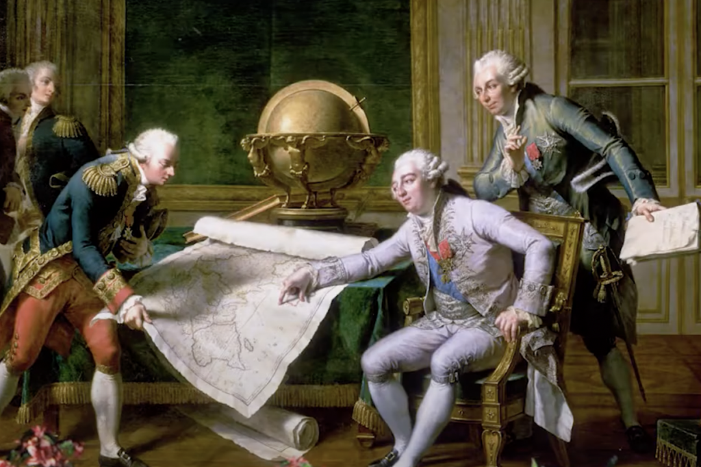 Three men in 18th-century attire are gathered around a table with a large map and a globe. One man seated gestures to the map, while the other two observe. Another man stands in the background. The room is ornately decorated.