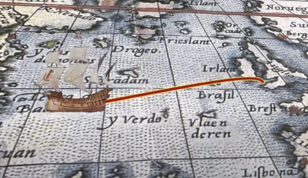 A vintage map features a sailing ship with tall masts and white sails, sailing near regions labeled "Irlam", "Brasil", and "Vlaenderen". A red and yellow trajectory line extends across the map, illustrating the ship's route.