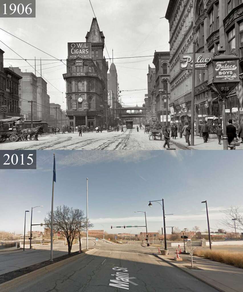 A split image comparing Market Street in 1906 and 2015. The 1906 photo shows bustling street life with horse-drawn carriages and vintage buildings. The 2015 photo features a quiet road, sparse traffic, and modern infrastructure.