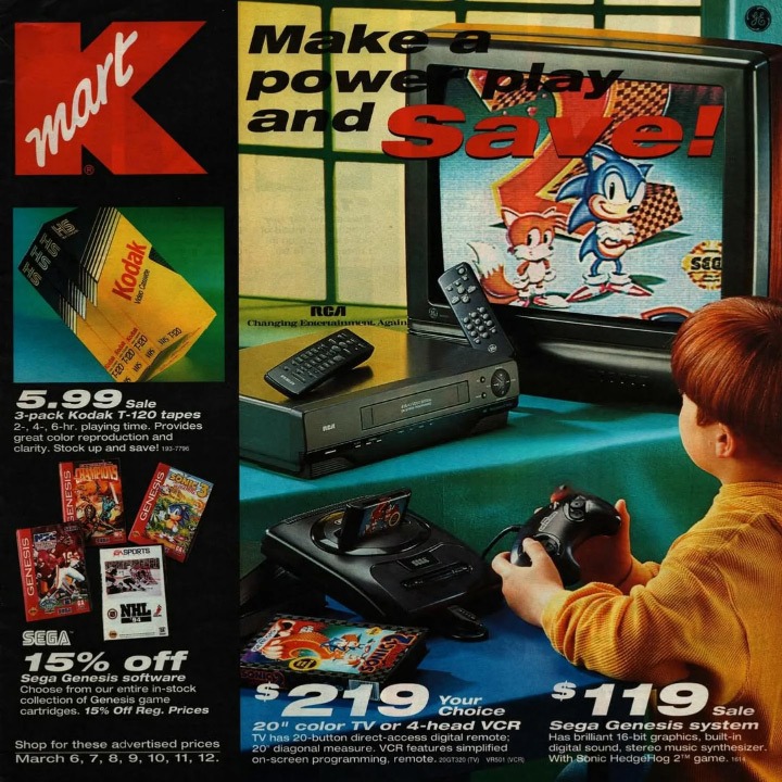 A vintage Kmart advertisement featuring a Sega Genesis system connected to a TV displaying a Sonic game. The ad includes prices for Sega software, Kodak T-120 tapes, and a 20" RCA color TV. The background shows a child playing with the Sega controller.