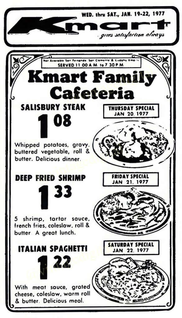 A vintage Kmart Family Cafeteria menu from January 19-22, 1977, listing dishes like Salisbury steak, deep-fried shrimp, and Italian spaghetti. Each special is accompanied by prices and description of sides.