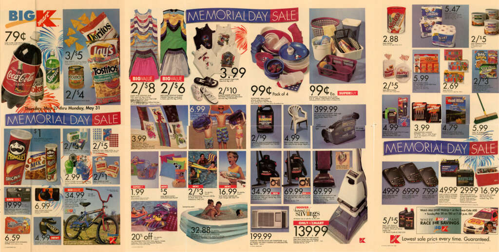 A vintage Kmart Memorial Day Sale ad featuring various products, including snacks, clothing, outdoor gear, electronics, lawnmowers, and more, with prices and special offers. The ad displays colorful images and bold text highlighting discounts.