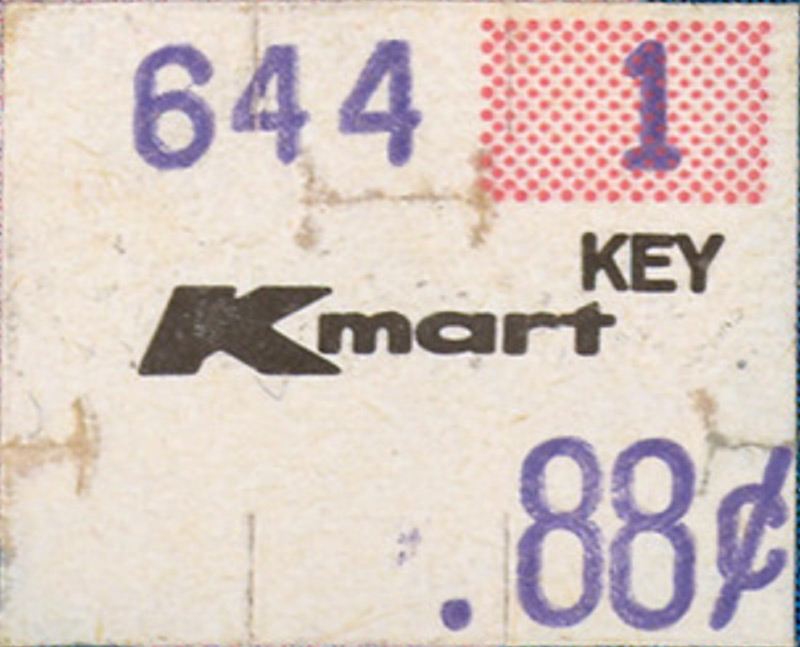 A vintage price tag from Kmart with the number "644" in blue, a red number "1" over a dotted background, the word "KEY" in black, and a price of ".88" in large blue numbers at the bottom.