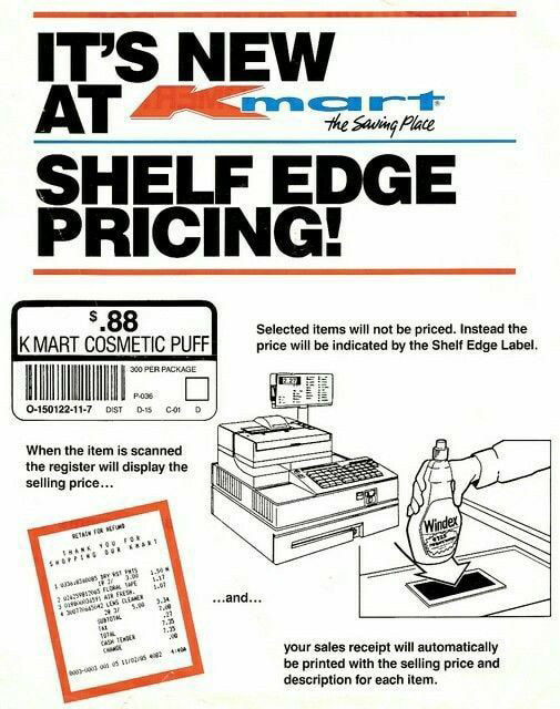 Advertisement for Kmart's new shelf edge pricing. Shows a price tag for a cosmetic puff at $0.88, a cash register, receipt, and a Windex spray bottle. Text explains that selected items will display price at checkout instead of on the item.