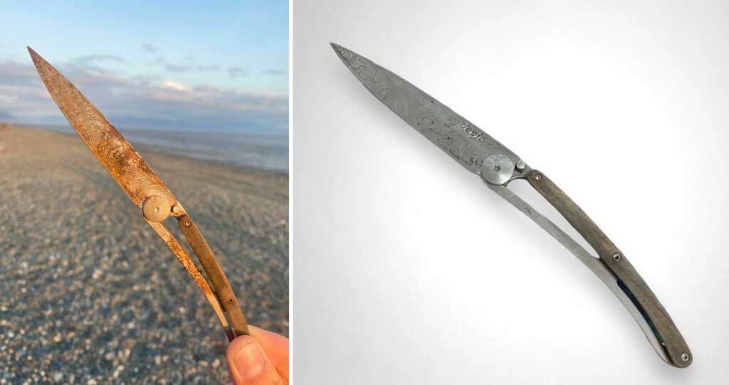 Split image showing a hand holding a closed Opinel knife with a rusty appearance on the left, against a pebbly beach and cloudy sky background. On the right, the same knife, open, displayed on a plain white background showing a clean finish.