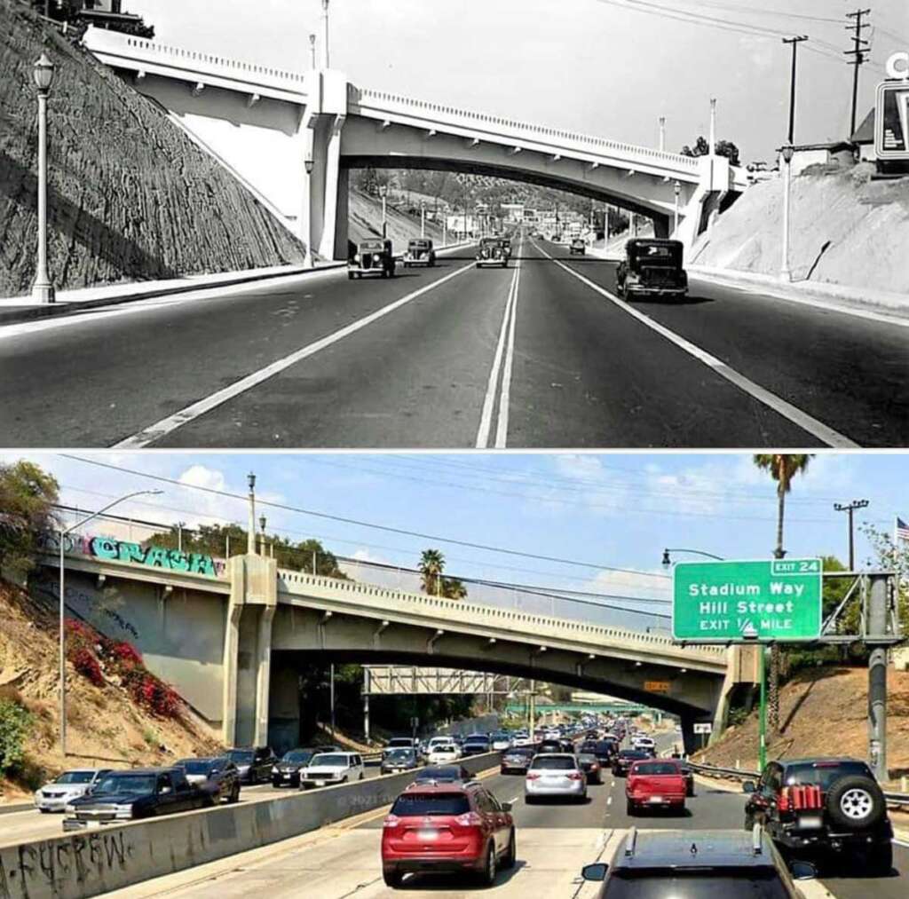 A split image compares a bridge over a road. The top is a black and white photo showing vintage cars and a simple bridge. The bottom is a modern, color image with traffic and a bridge with graffiti. A sign indicates Stadium Way and Hill Street.