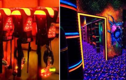 Split image showing a laser tag arena. Left: Racks of illuminated laser tag vests and guns. Right: A dark hallway with neon-lit walls, glowing murals, and a vibrant, patterned carpet under ultraviolet light.