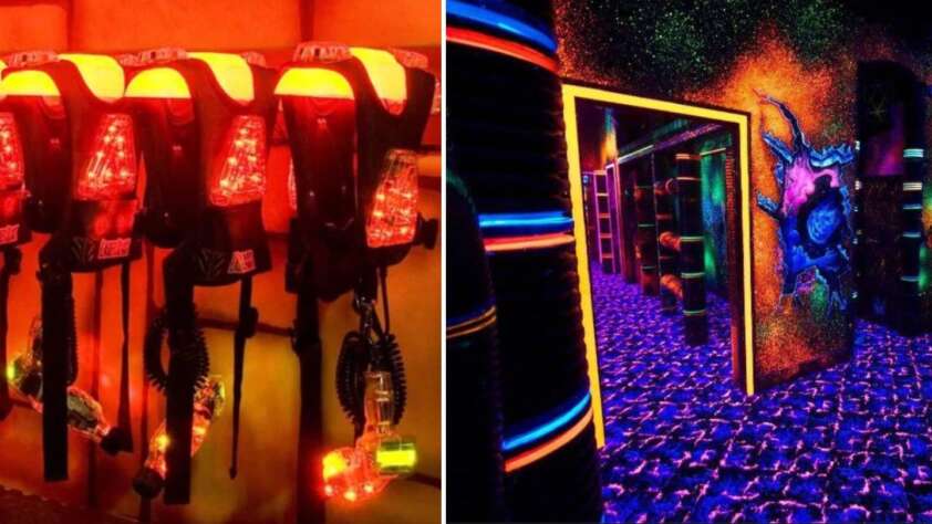 Split image showing a laser tag arena. Left: Racks of illuminated laser tag vests and guns. Right: A dark hallway with neon-lit walls, glowing murals, and a vibrant, patterned carpet under ultraviolet light.