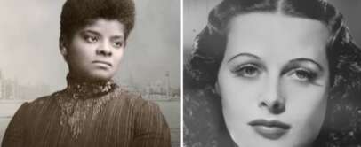 Split image of two women: Left, a historical black-and-white portrait of a woman with dark hair in an updo, wearing a high-collared striped dress; Right, a black-and-white close-up of a woman with wavy hair and a thoughtful expression.