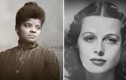 Split image of two women: Left, a historical black-and-white portrait of a woman with dark hair in an updo, wearing a high-collared striped dress; Right, a black-and-white close-up of a woman with wavy hair and a thoughtful expression.