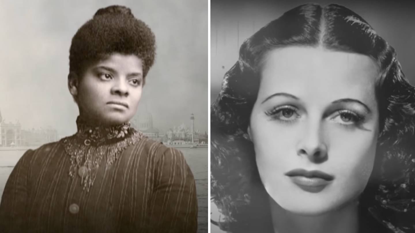 Split image of two women: Left, a historical black-and-white portrait of a woman with dark hair in an updo, wearing a high-collared striped dress; Right, a black-and-white close-up of a woman with wavy hair and a thoughtful expression.