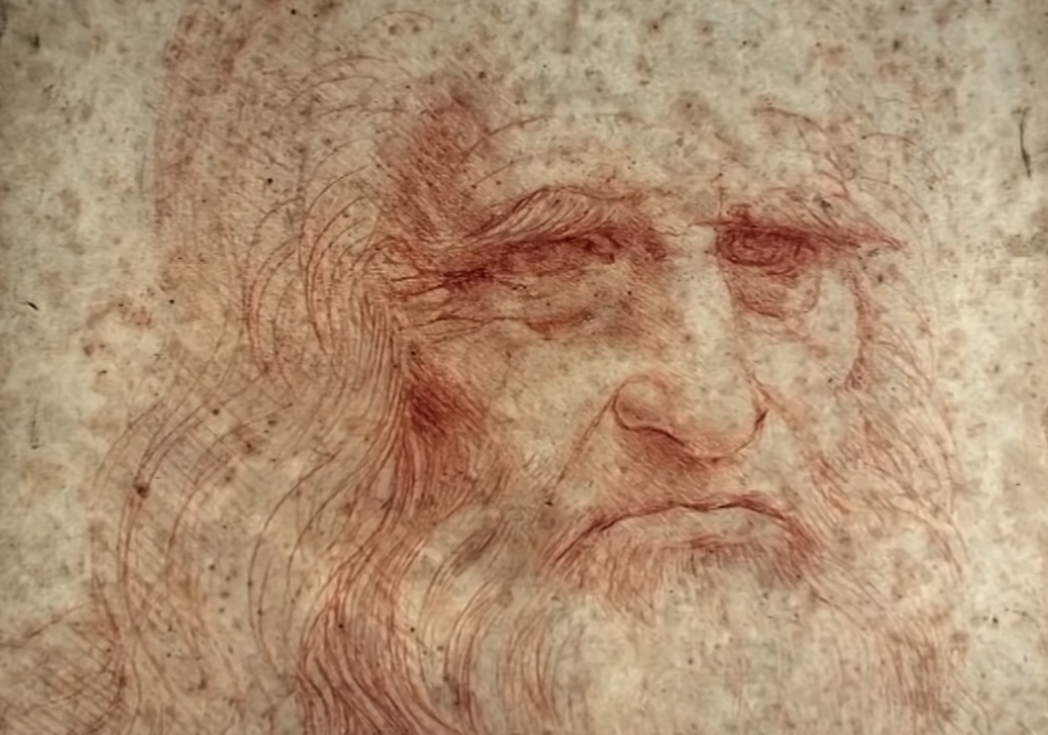 A sepia-toned sketch of an elderly man with long flowing hair and a beard. The drawing highlights deep-set eyes and a contemplative expression. The background shows the texture of the paper, enhancing the vintage appearance.