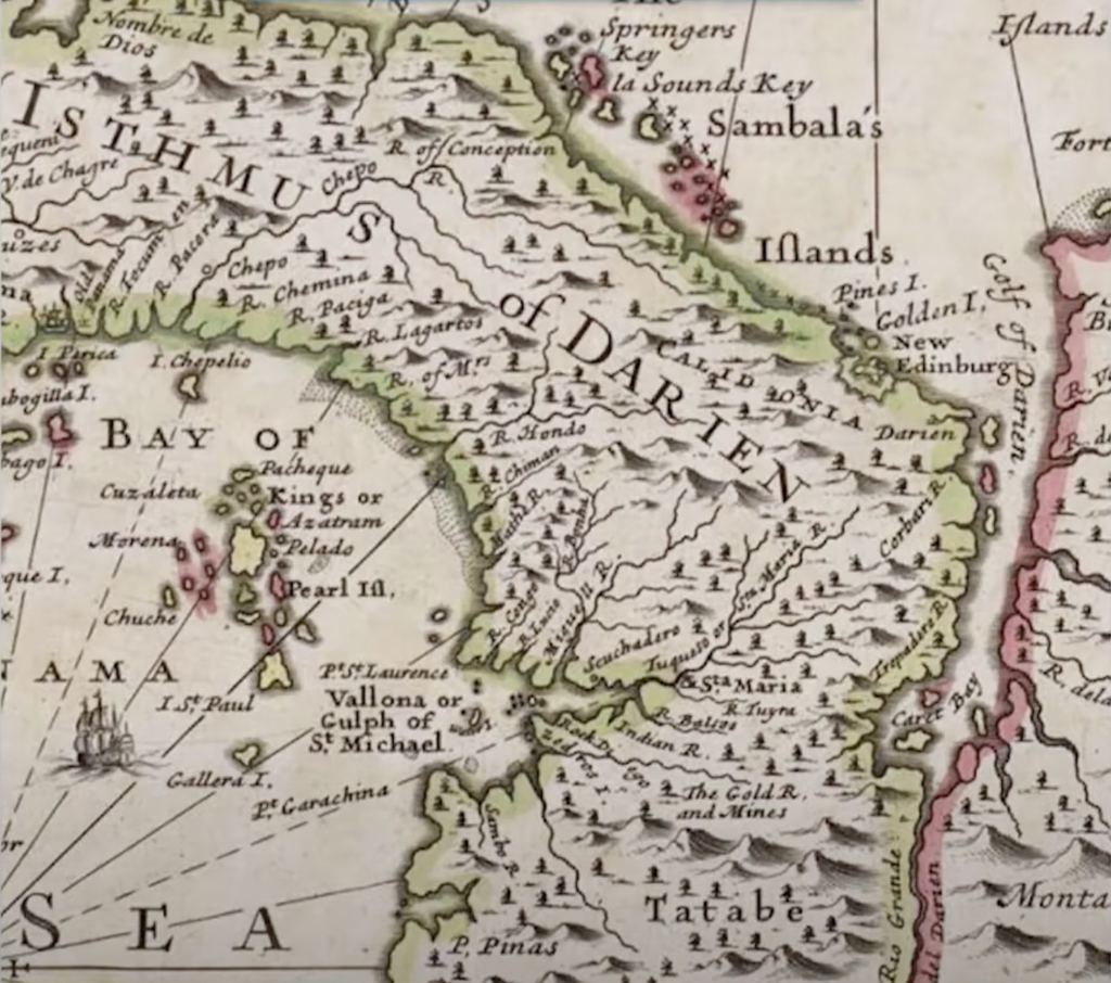 Old map depicting the Isthmus of Darien region, with detailed topography and settlements such as St. Maria and Sambalas. Waterways and coastal areas are labeled, showing early exploration routes. Distinctive script and ornate design elements are present.