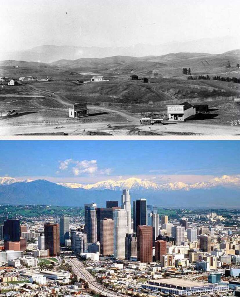 A split image showing Los Angeles: the top half is a historical black-and-white photo of empty hills with a few buildings, and the bottom half is a modern color photo of a densely built urban skyline with skyscrapers.