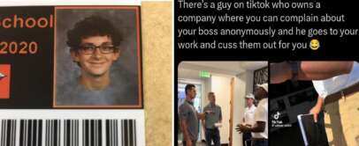 A humorous image comparing two scenes: one with a school ID showing a boy wearing a green screen shirt on picture day, making the shirt background visible, and the other a tweet about a TikTok user who anonymously confronts bosses on behalf of employees.