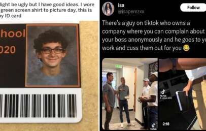 A humorous image comparing two scenes: one with a school ID showing a boy wearing a green screen shirt on picture day, making the shirt background visible, and the other a tweet about a TikTok user who anonymously confronts bosses on behalf of employees.