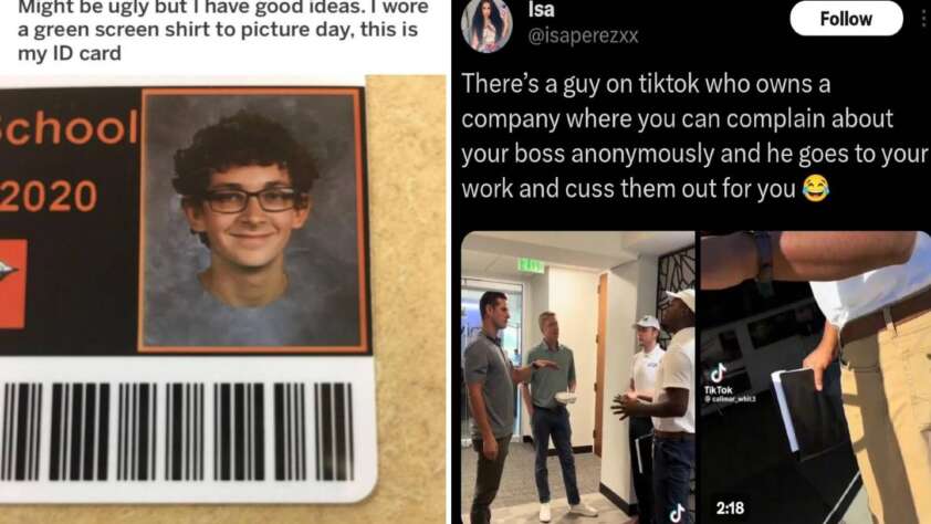 A humorous image comparing two scenes: one with a school ID showing a boy wearing a green screen shirt on picture day, making the shirt background visible, and the other a tweet about a TikTok user who anonymously confronts bosses on behalf of employees.