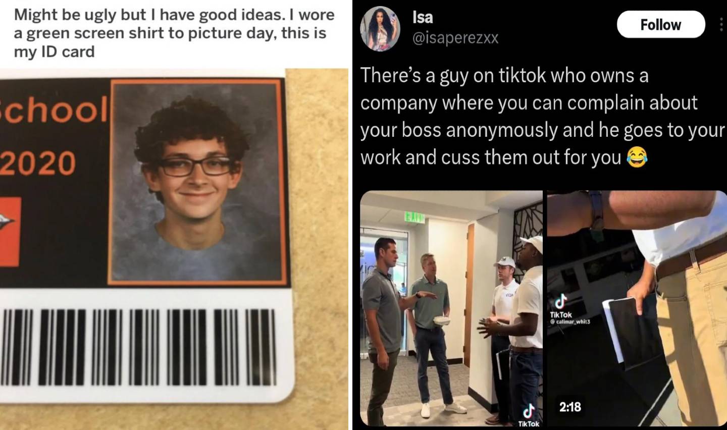 A humorous image comparing two scenes: one with a school ID showing a boy wearing a green screen shirt on picture day, making the shirt background visible, and the other a tweet about a TikTok user who anonymously confronts bosses on behalf of employees.