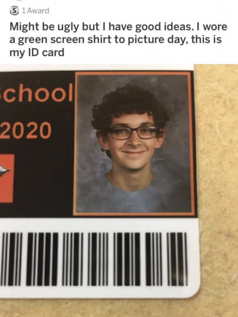 A school ID card with a photo of a student wearing a green screen shirt, causing the shirt to blend with the background. The card is from the year 2020.