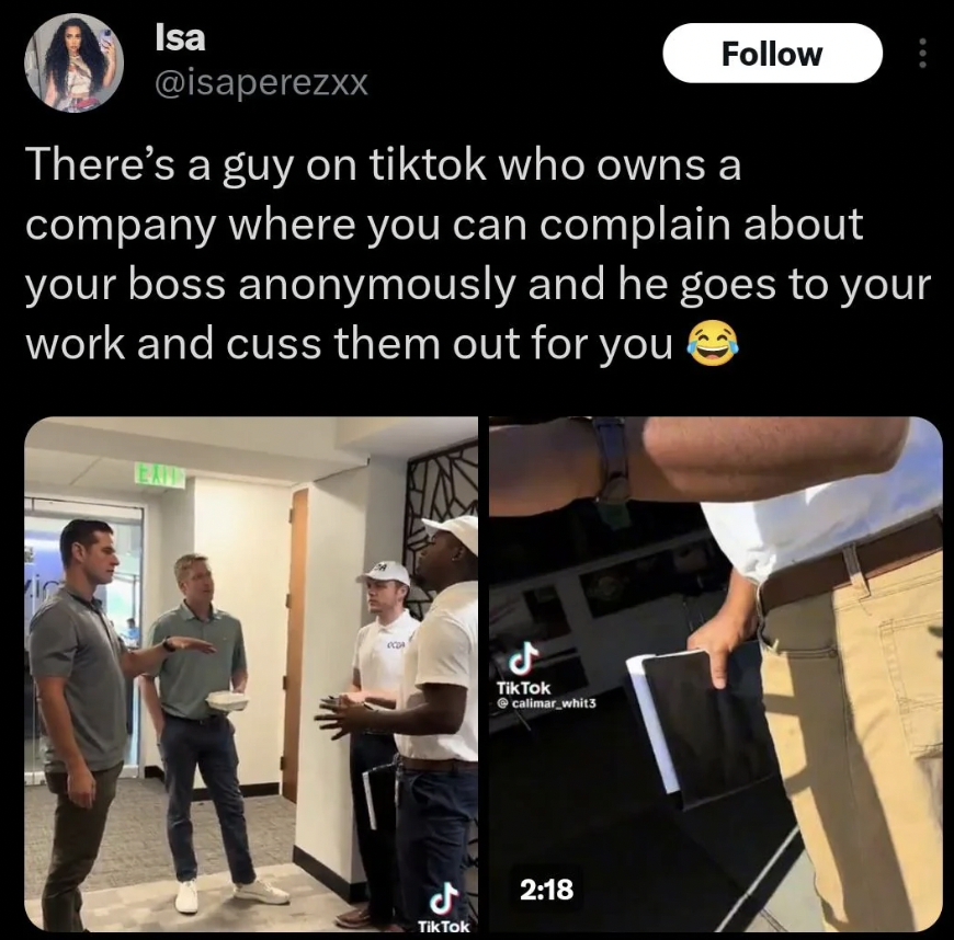 A man in a white shirt confronts three individuals in an office setting. He's holding a folder. The text on the image describes a TikTok user who anonymously complains to a boss, who then cusses out the intended recipient.