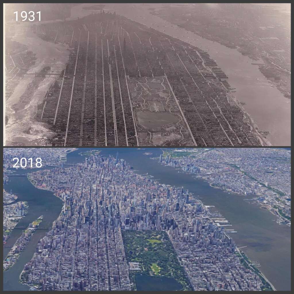 Two aerial images of Manhattan. The top is from 1931, showing a dense grid with fewer skyscrapers. The bottom is from 2018, showing a significantly more developed skyline. Central Park is prominent in both images, surrounded by many buildings.