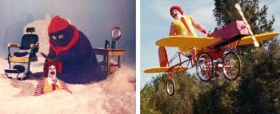 Left: A person in a red hat and purple outfit interacts playfully with a clown in a snowy setting. Right: The same clown is riding a yellow and red whimsical airplane bike in a park. Trees and a clear blue sky serve as the backdrop.