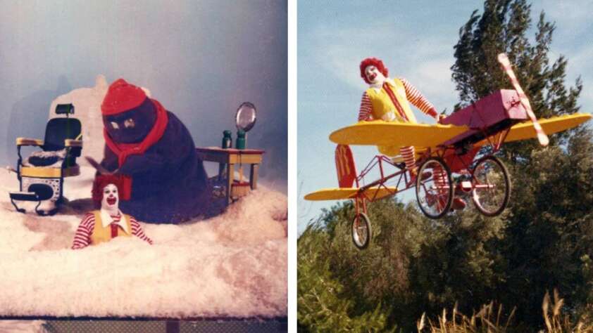 Left: A person in a red hat and purple outfit interacts playfully with a clown in a snowy setting. Right: The same clown is riding a yellow and red whimsical airplane bike in a park. Trees and a clear blue sky serve as the backdrop.