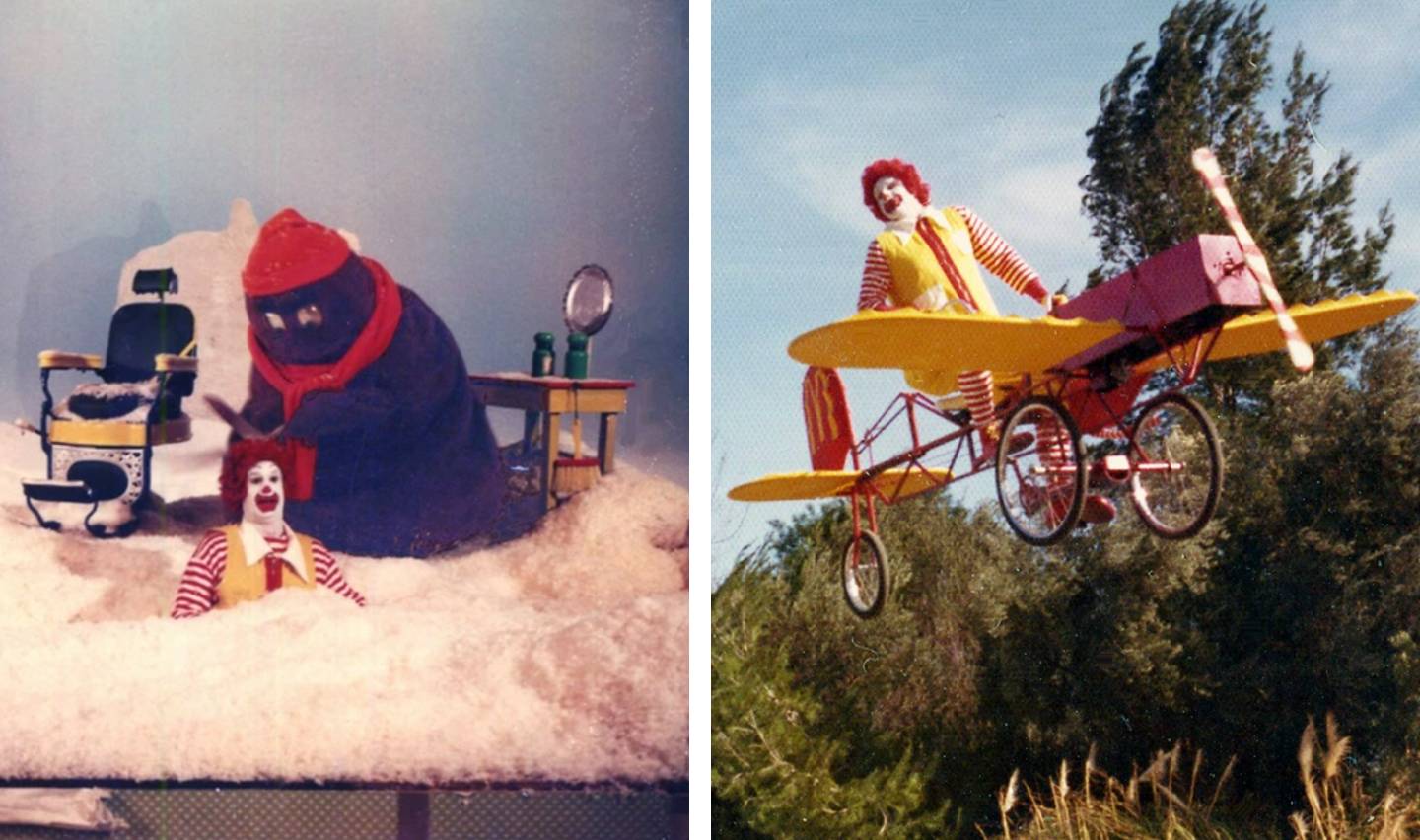 Left: A person in a red hat and purple outfit interacts playfully with a clown in a snowy setting. Right: The same clown is riding a yellow and red whimsical airplane bike in a park. Trees and a clear blue sky serve as the backdrop.