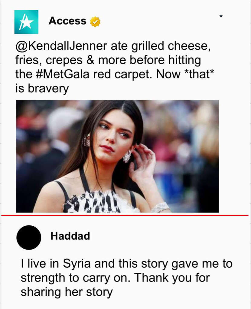 A social media post featuring an individual with long dark hair in a patterned dress. Text above praises a celebrity's pre-event meal. Below, a comment from another user mentions living in Syria and expressing gratitude for the shared story.