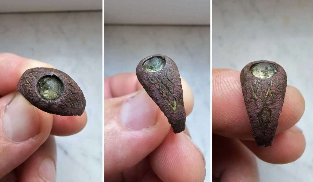 Triptych of a weathered, ancient-looking ring with a greenish gemstone. The ring has a rustic, textured surface, showing signs of age and wear. It is being held between fingers against a neutral background.