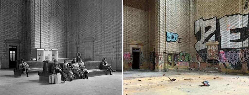 Left side: Vintage black-and-white photo of people sitting on benches in a spacious room with tiled walls. Right side: Color photo of the same room, now abandoned, with graffiti on the walls and debris on the floor.