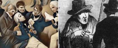 Two images side by side: Left, a historical painting depicts several men in naval uniforms, one injured on the ground. Right, a black-and-white illustration of two figures in 19th-century attire, one gesturing while holding an umbrella.