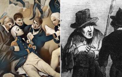 Two images side by side: Left, a historical painting depicts several men in naval uniforms, one injured on the ground. Right, a black-and-white illustration of two figures in 19th-century attire, one gesturing while holding an umbrella.