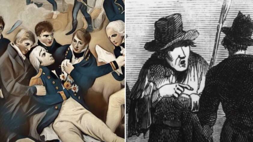 Two images side by side: Left, a historical painting depicts several men in naval uniforms, one injured on the ground. Right, a black-and-white illustration of two figures in 19th-century attire, one gesturing while holding an umbrella.