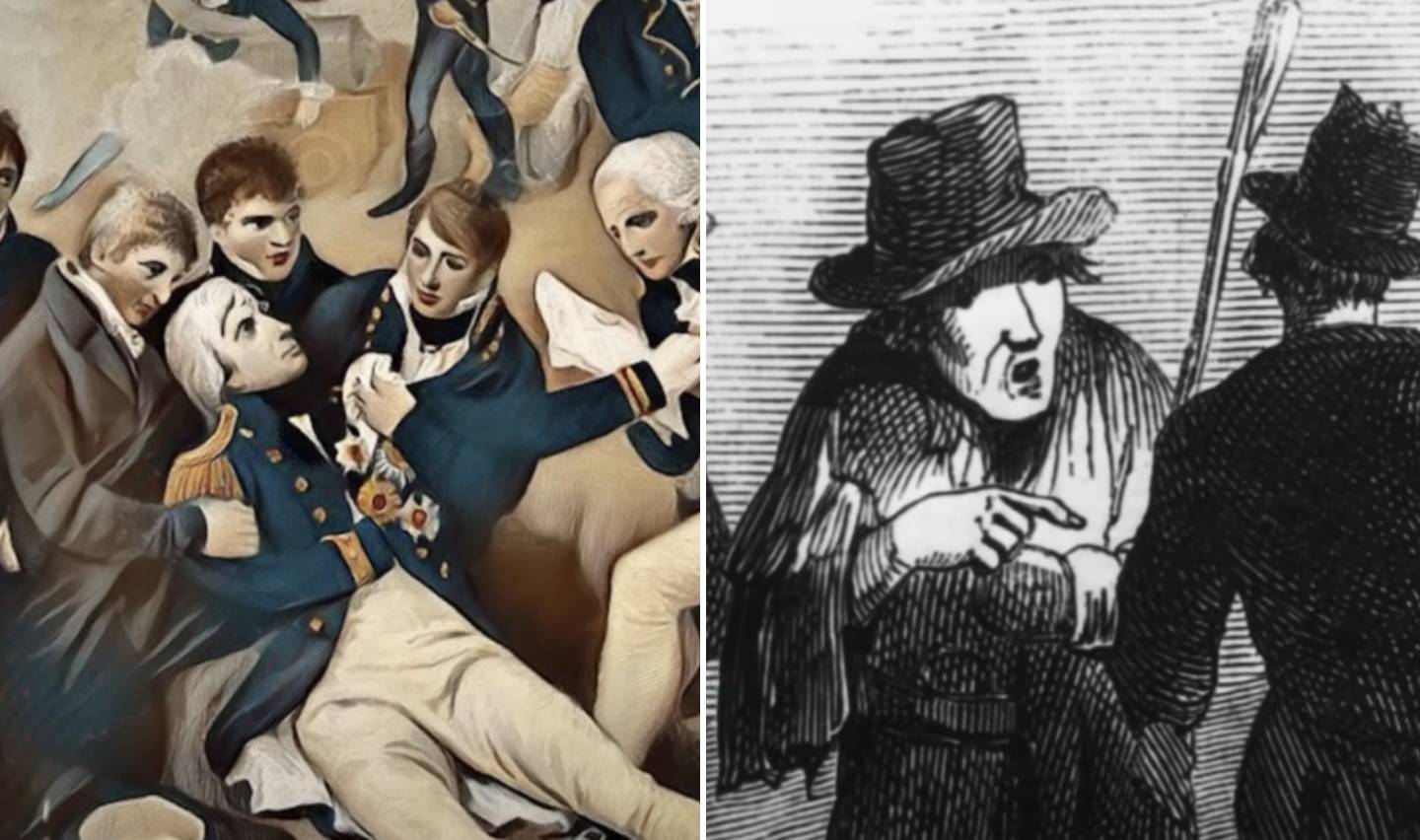 Two images side by side: Left, a historical painting depicts several men in naval uniforms, one injured on the ground. Right, a black-and-white illustration of two figures in 19th-century attire, one gesturing while holding an umbrella.