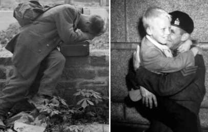 On the left, a soldier sits on a stone wall, head in arms, appearing distressed. On the right, a soldier in uniform joyfully embraces a smiling young boy. The juxtaposition captures contrasting emotions related to war.