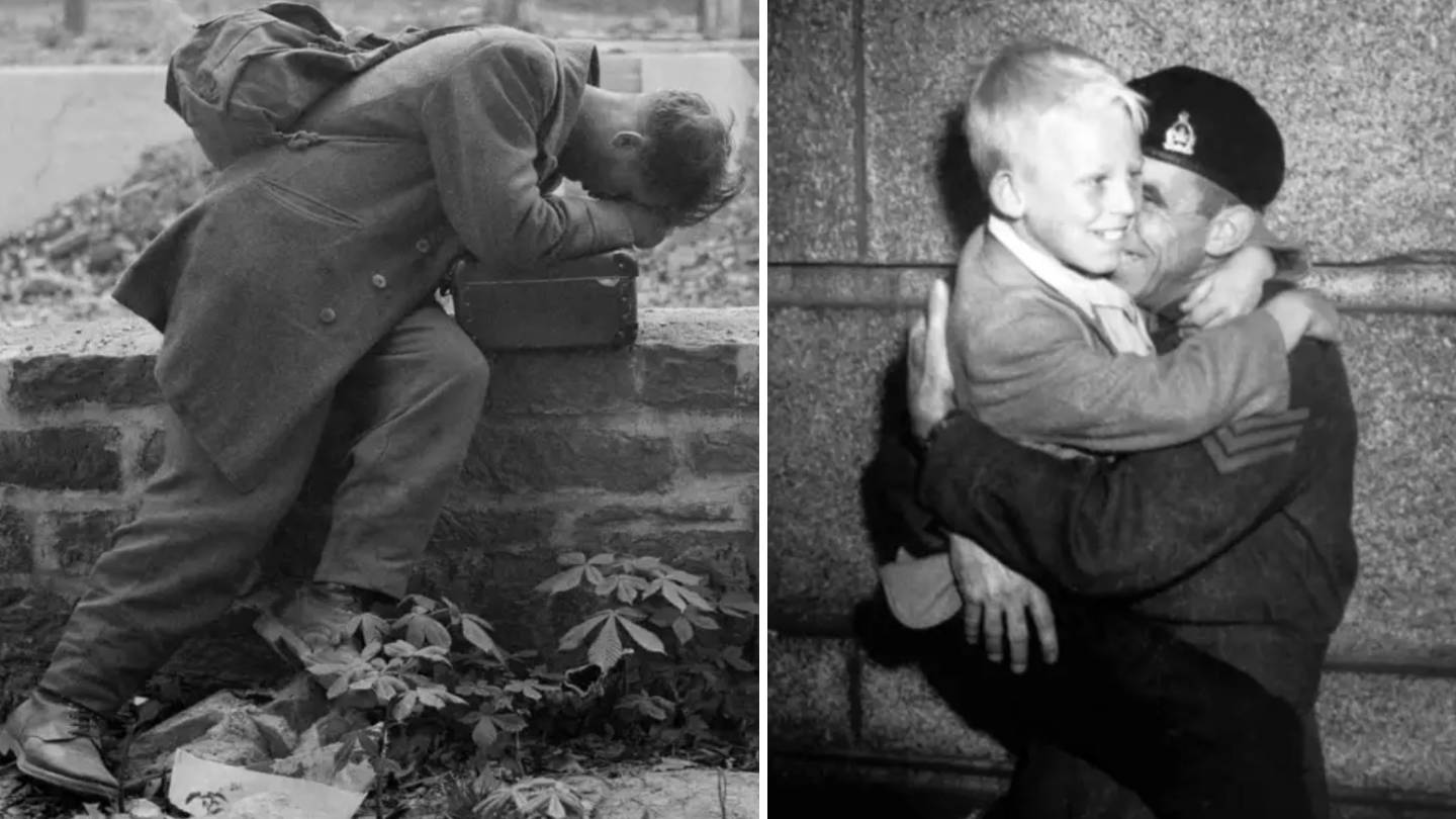 On the left, a soldier sits on a stone wall, head in arms, appearing distressed. On the right, a soldier in uniform joyfully embraces a smiling young boy. The juxtaposition captures contrasting emotions related to war.