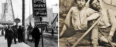 Left side shows a busy street with a "Gold Dust Bought and Sold" sign from the Klondike Gold Rush era. Right side features two miners resting with tools, wearing worn clothes, surrounded by a rustic setting.