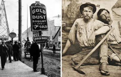 Left side shows a busy street with a "Gold Dust Bought and Sold" sign from the Klondike Gold Rush era. Right side features two miners resting with tools, wearing worn clothes, surrounded by a rustic setting.