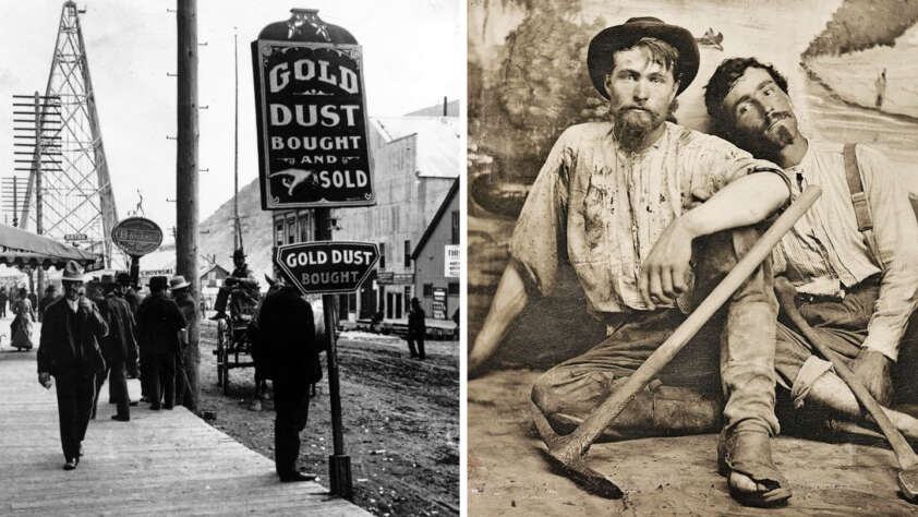 Left side shows a busy street with a "Gold Dust Bought and Sold" sign from the Klondike Gold Rush era. Right side features two miners resting with tools, wearing worn clothes, surrounded by a rustic setting.