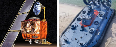 Left: A space rover with solar panels and a metallic body on a dark background. Right: A large hovercraft with propellers, docked on a sandy shore near water.