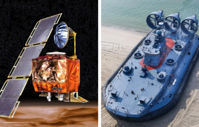 Left: A space rover with solar panels and a metallic body on a dark background. Right: A large hovercraft with propellers, docked on a sandy shore near water.