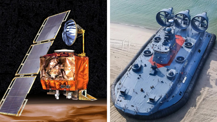 Left: A space rover with solar panels and a metallic body on a dark background. Right: A large hovercraft with propellers, docked on a sandy shore near water.