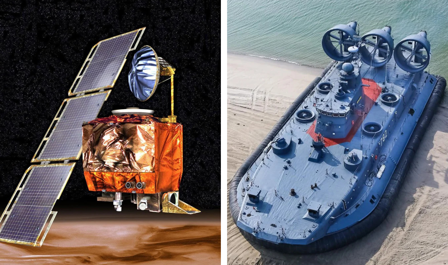 Left: A space rover with solar panels and a metallic body on a dark background. Right: A large hovercraft with propellers, docked on a sandy shore near water.